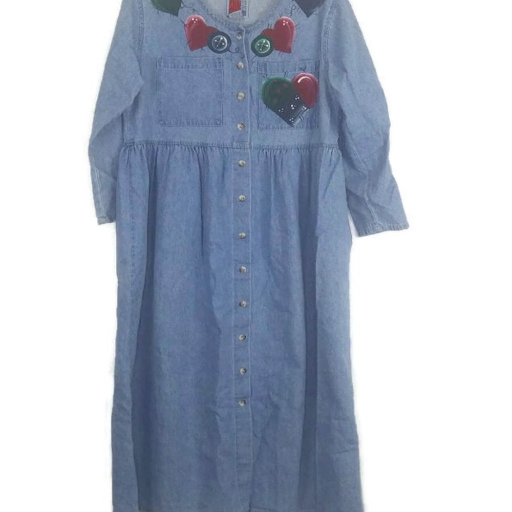 80's Sunbelt Painted Heart Denim Midi Dress